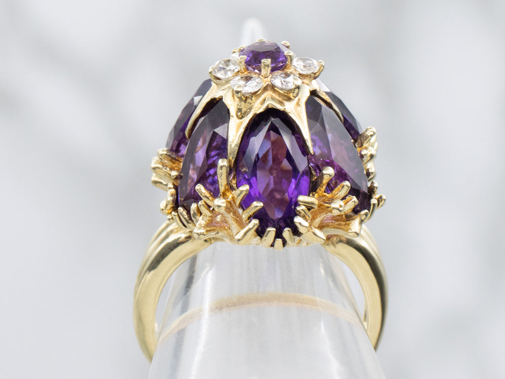 Bold Amethyst and Diamond Ornate Flower Gemstone Cocktail Ring
