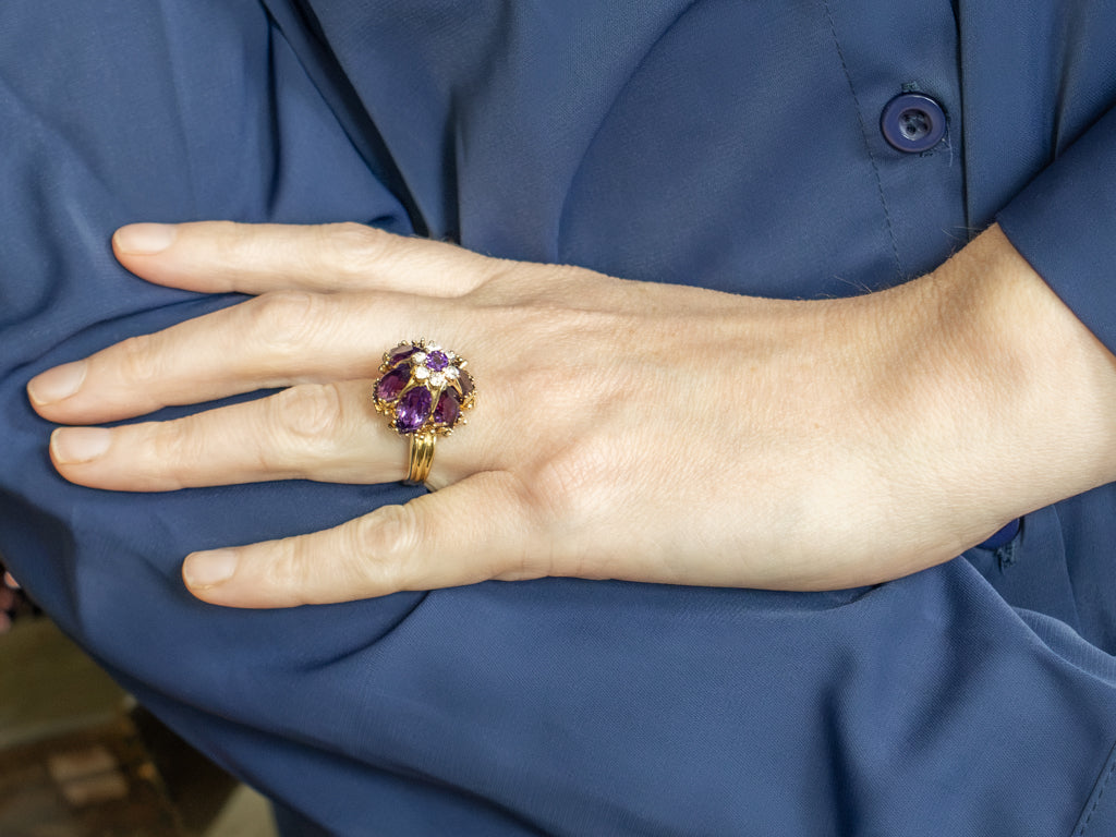 Bold Amethyst and Diamond Ornate Flower Gemstone Cocktail Ring