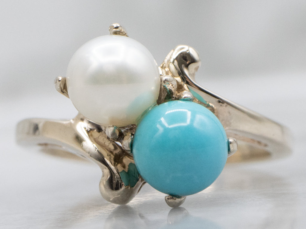 Vintage Gold Turquoise and Pearl Bypass Ring