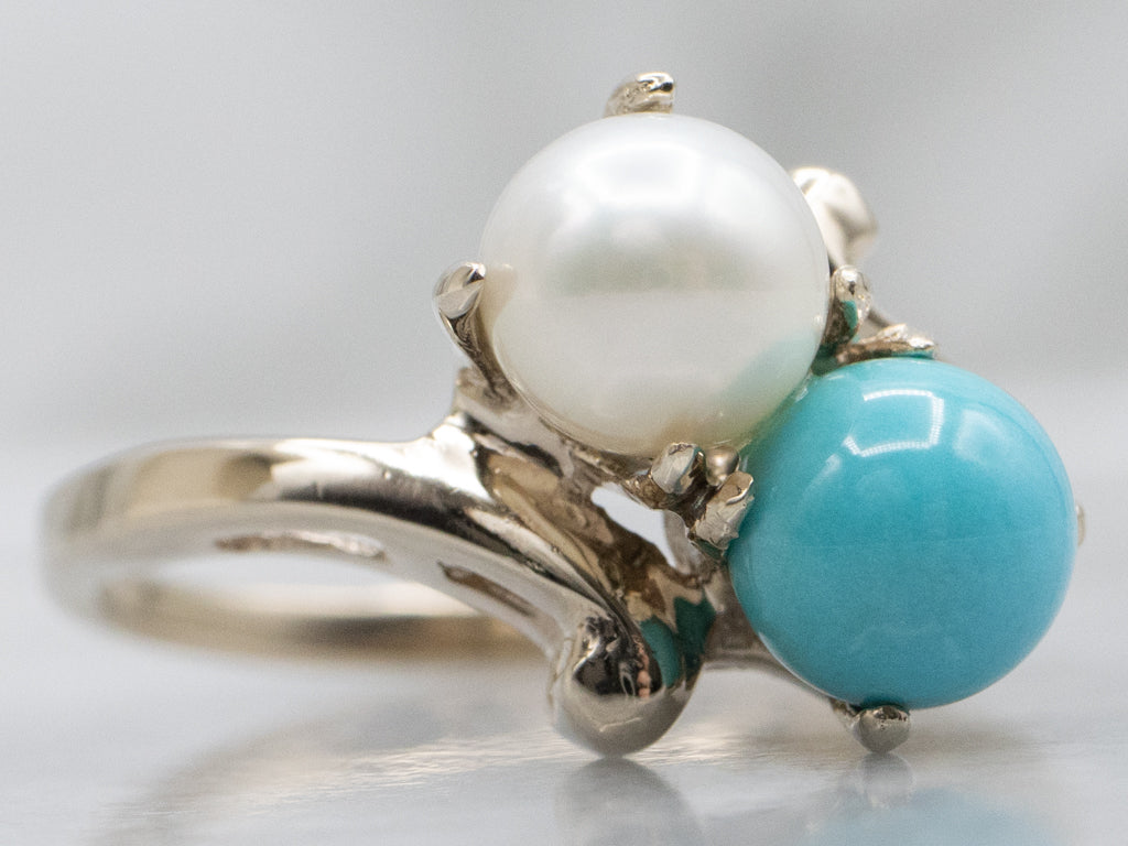 Vintage Gold Turquoise and Pearl Bypass Ring