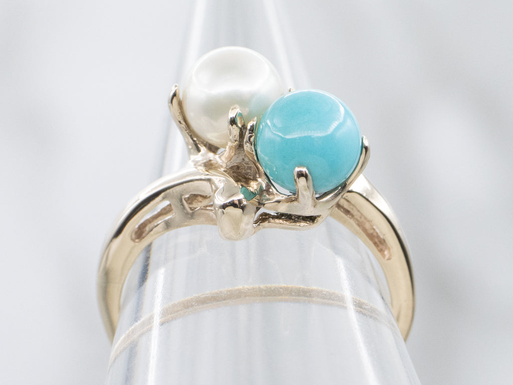 Vintage Gold Turquoise and Pearl Bypass Ring