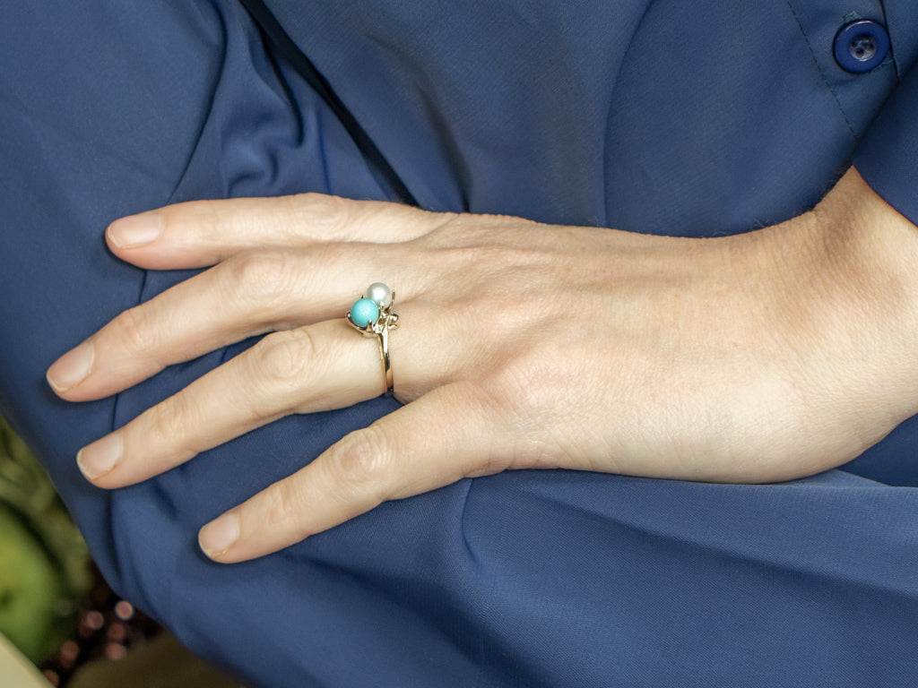 Vintage Gold Turquoise and Pearl Bypass Ring