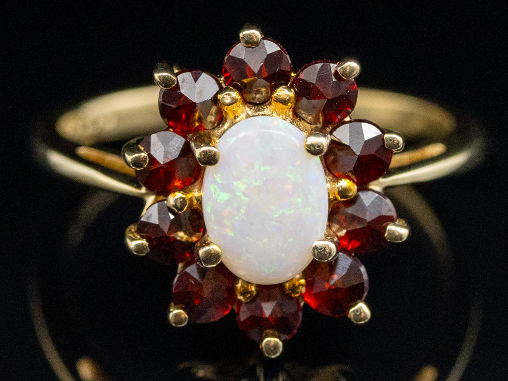 Australian Opal and Garnet Halo Yellow Gold Ring
