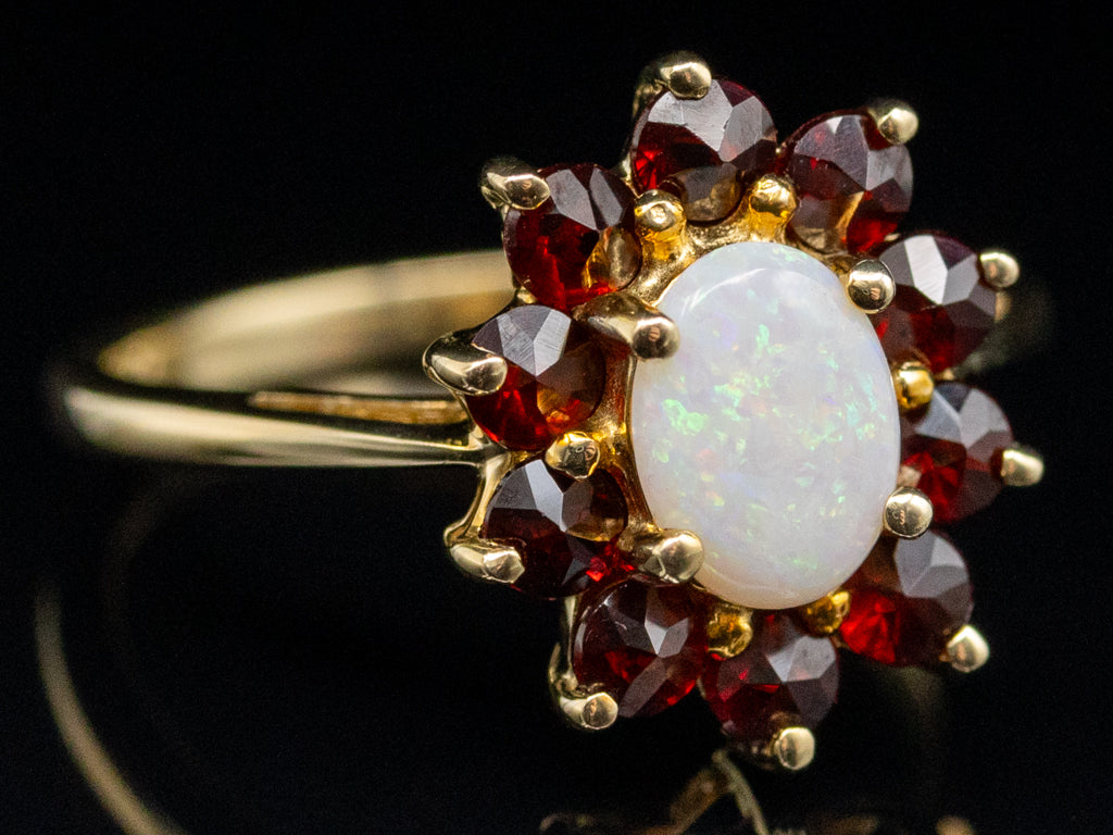 Australian Opal and Garnet Halo Yellow Gold Ring