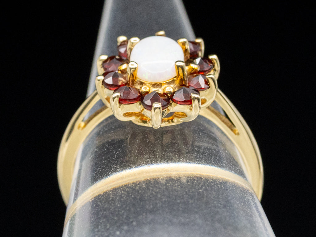 Australian Opal and Garnet Halo Yellow Gold Ring