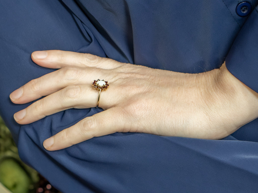 Australian Opal and Garnet Halo Yellow Gold Ring