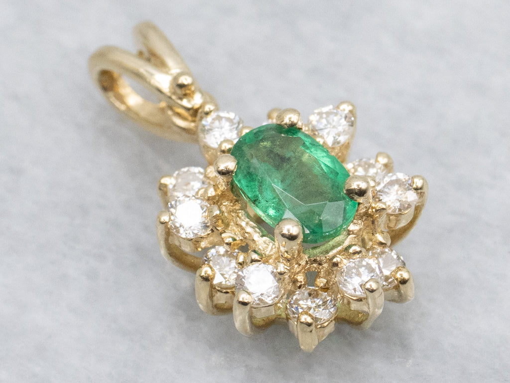 Classic Emerald and Diamond Halo Yellow Gold Pendant