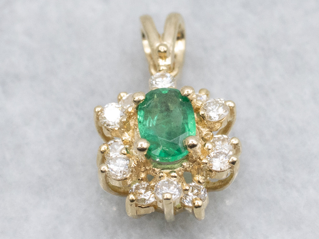 Classic Emerald and Diamond Halo Yellow Gold Pendant
