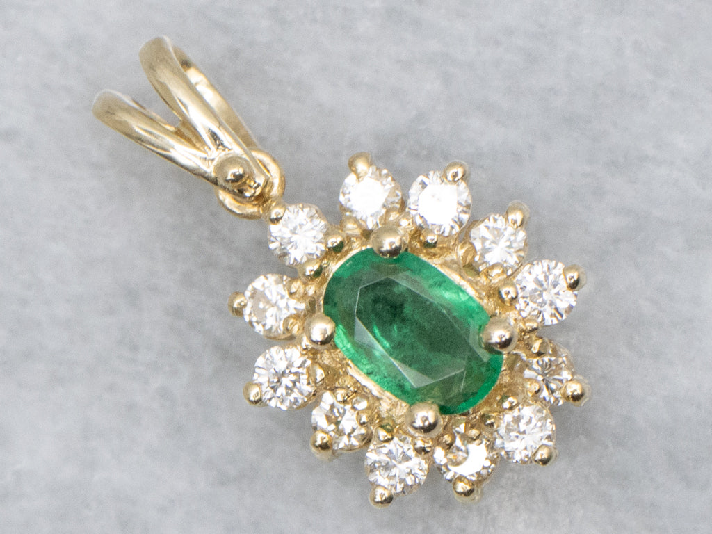 Classic Emerald and Diamond Halo Yellow Gold Pendant