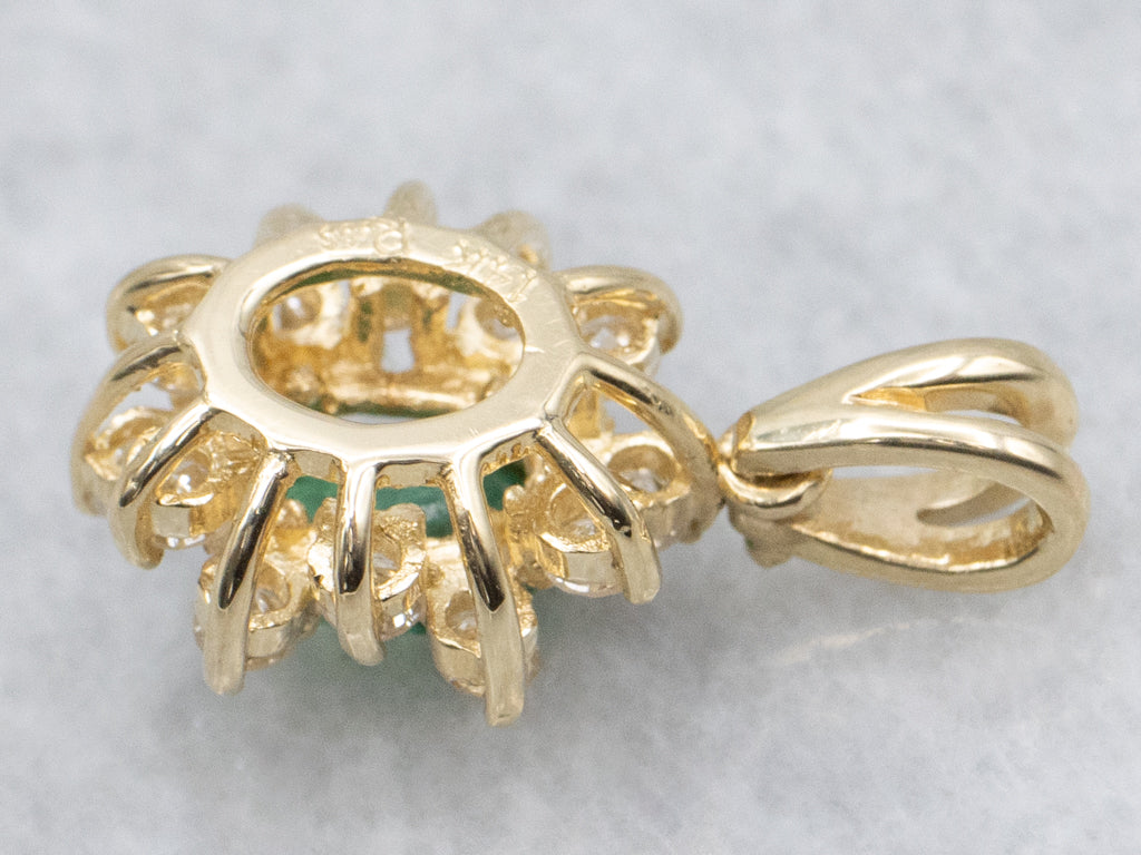 Classic Emerald and Diamond Halo Yellow Gold Pendant