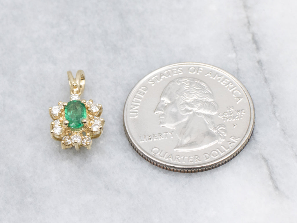 Classic Emerald and Diamond Halo Yellow Gold Pendant