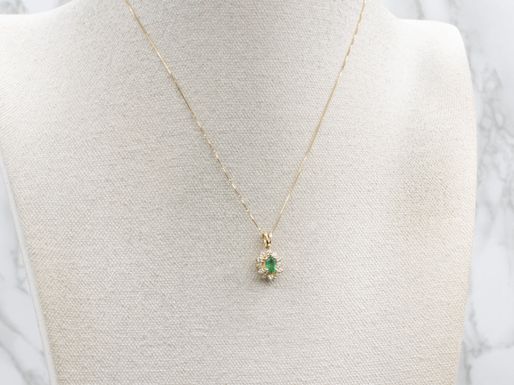 Classic Emerald and Diamond Halo Yellow Gold Pendant