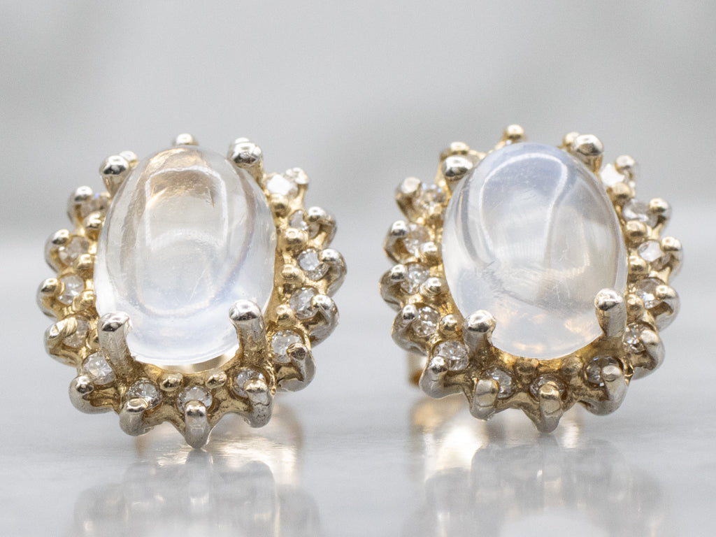 Moonstone and Diamond Halo Stud Earrings