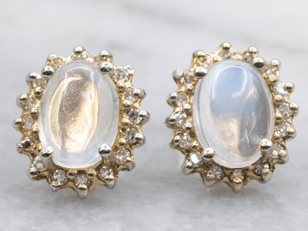 Moonstone and Diamond Halo Stud Earrings