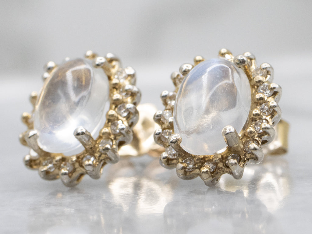 Moonstone and Diamond Halo Stud Earrings