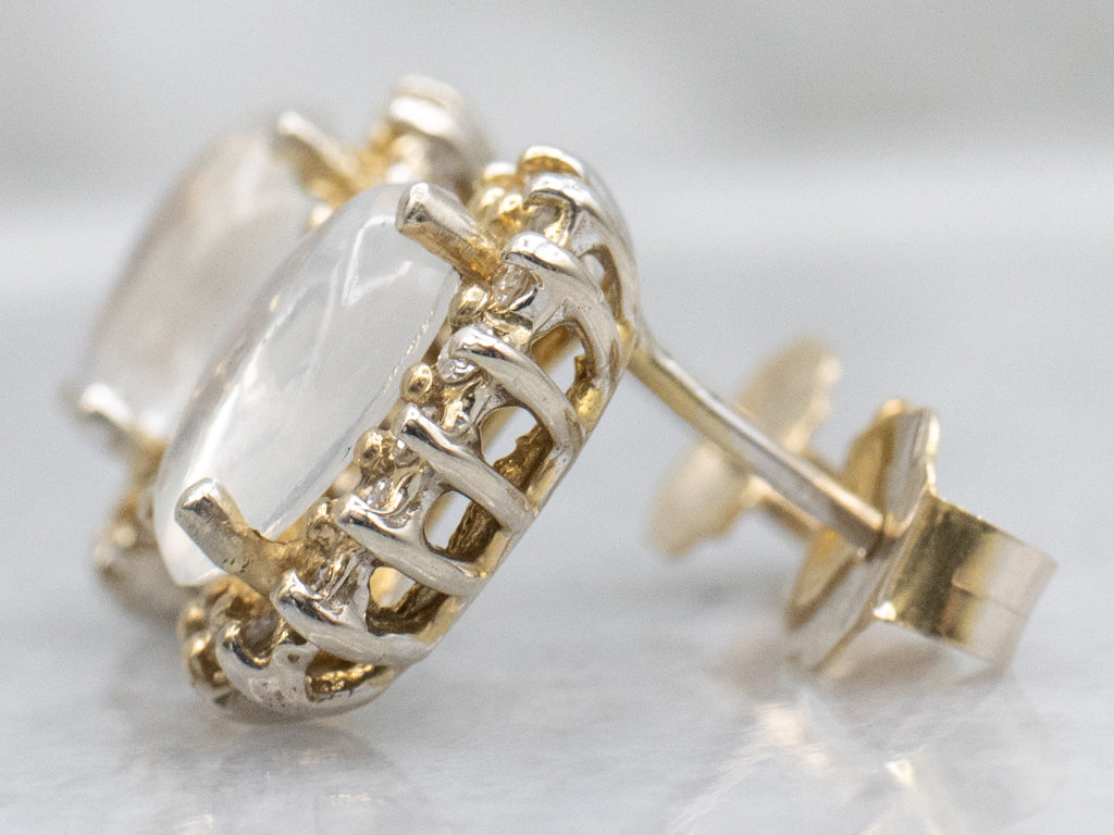Moonstone and Diamond Halo Stud Earrings