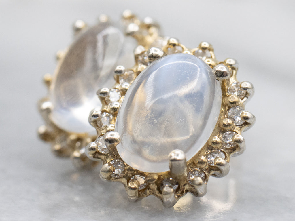 Moonstone and Diamond Halo Stud Earrings