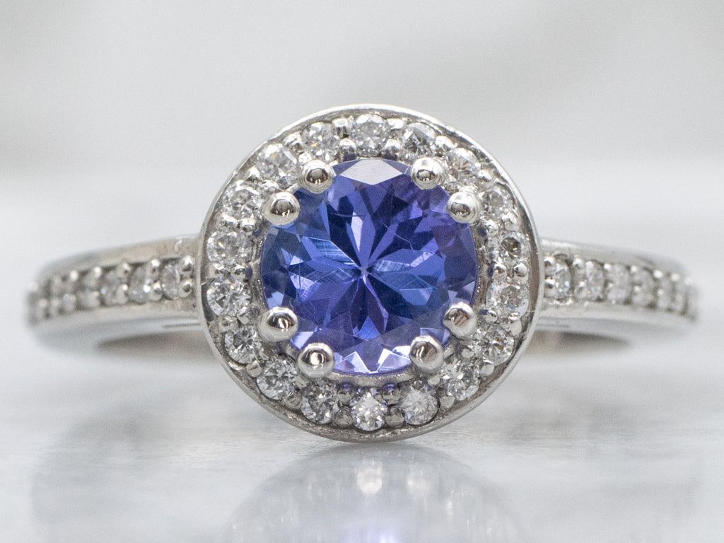 Platinum Tanzanite and Diamond Halo Ring