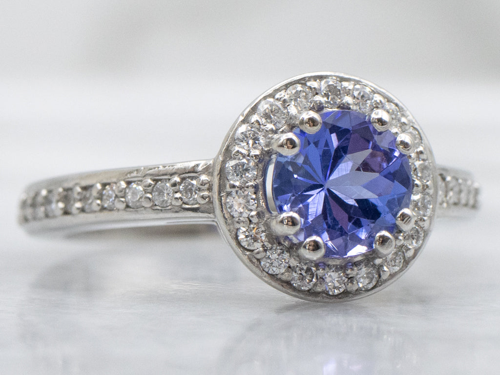 Platinum Tanzanite and Diamond Halo Ring