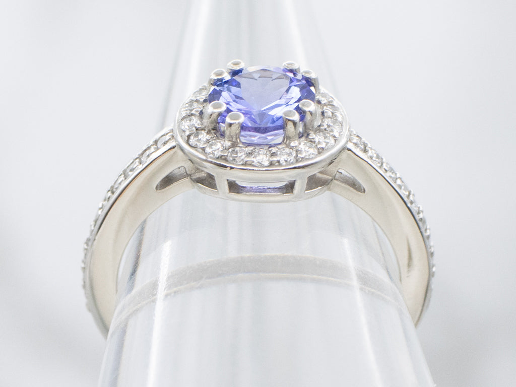 Platinum Tanzanite and Diamond Halo Ring