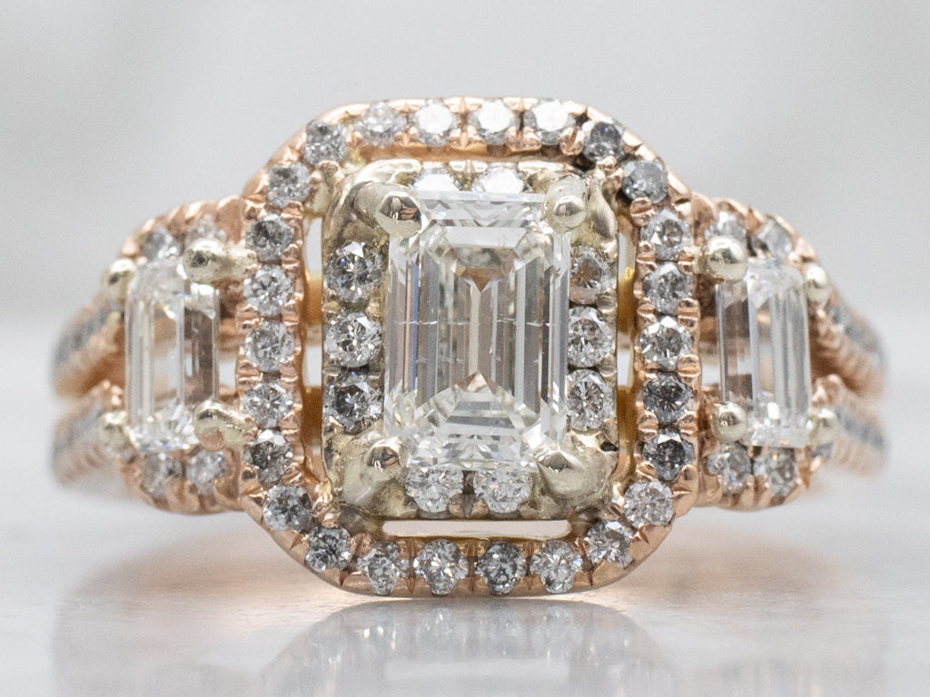 Modern Rose Gold Emerald-Cut Diamond Halo Engagement Ring