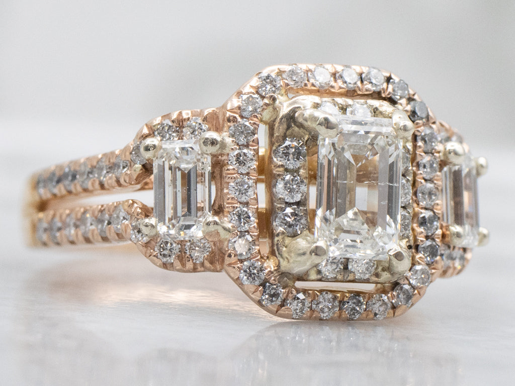Modern Rose Gold Emerald-Cut Diamond Halo Engagement Ring