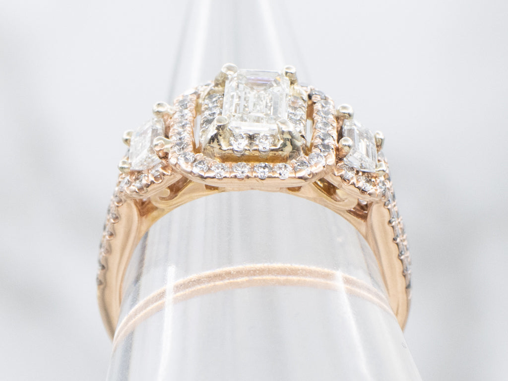 Modern Rose Gold Emerald-Cut Diamond Halo Engagement Ring