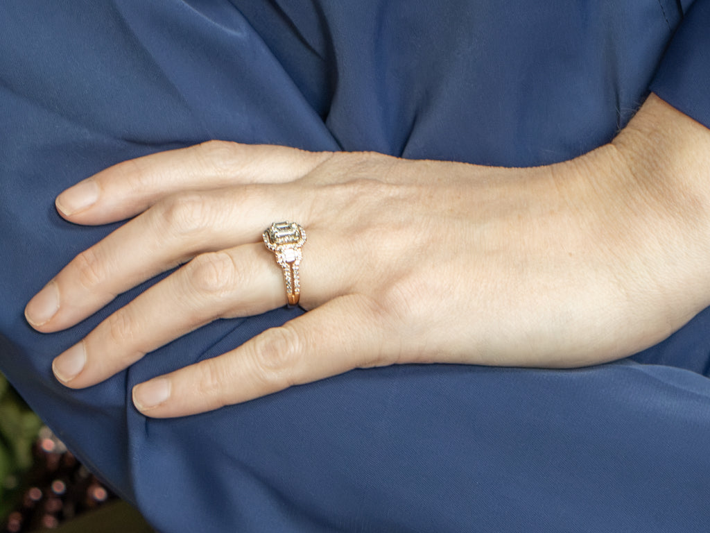 Modern Rose Gold Emerald-Cut Diamond Halo Engagement Ring