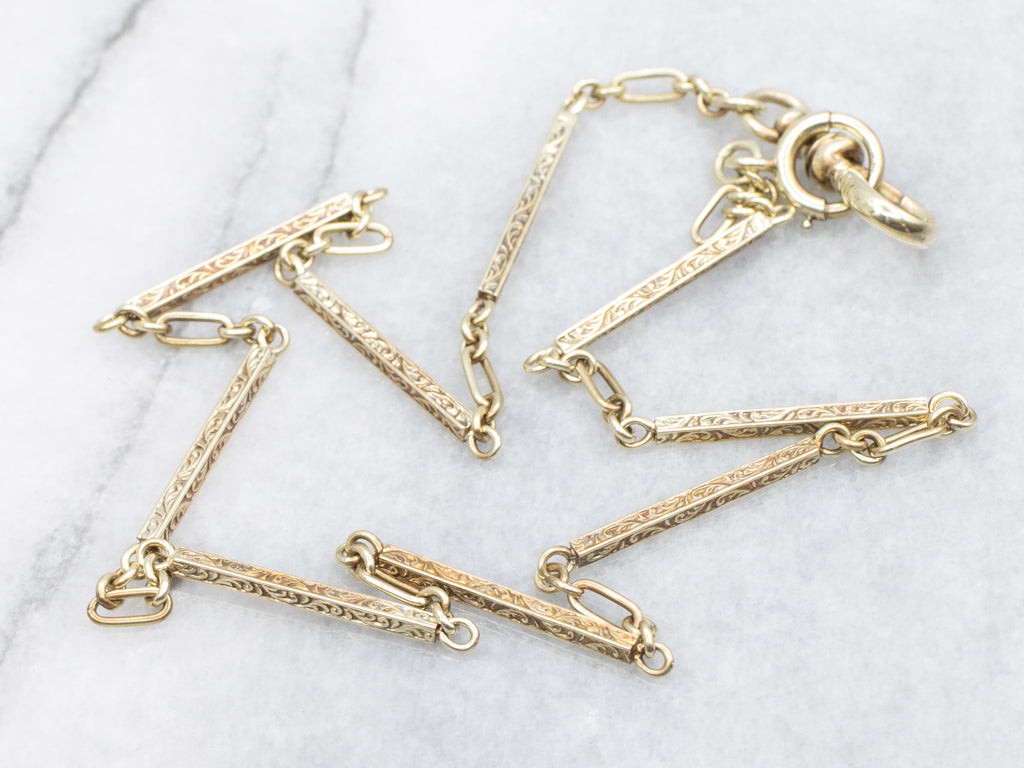 Antique Engraved Gold Bar-Link Pocket Watch Chain