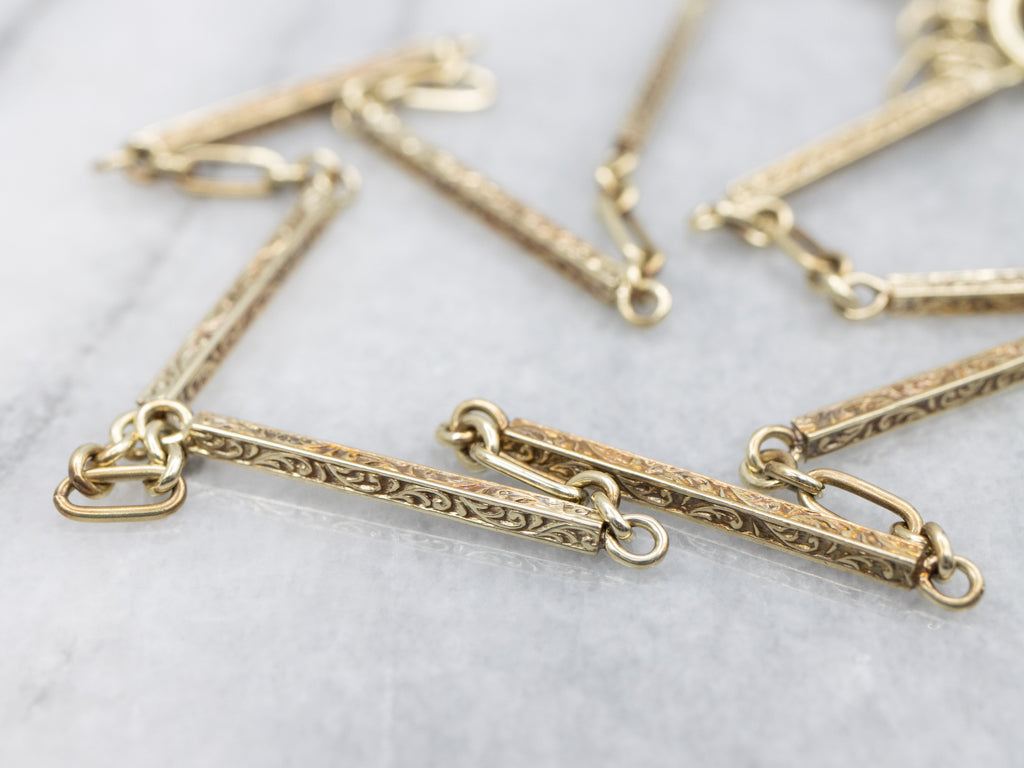 Antique Engraved Gold Bar-Link Pocket Watch Chain