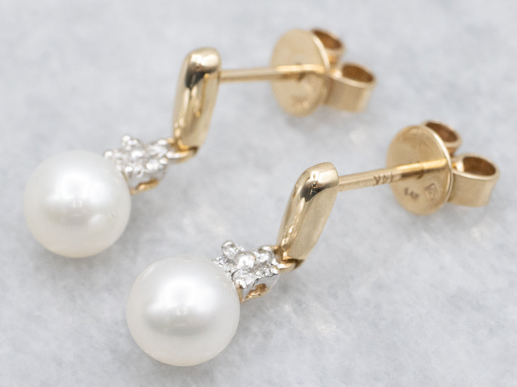 Saltwater Pearl Drop Earrings with Diamond Accents