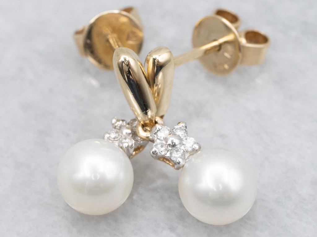 Saltwater Pearl Drop Earrings with Diamond Accents