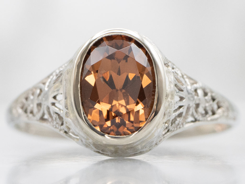 Peachy Hued Hessonite Garnet Art Deco Era Solitaire Ring