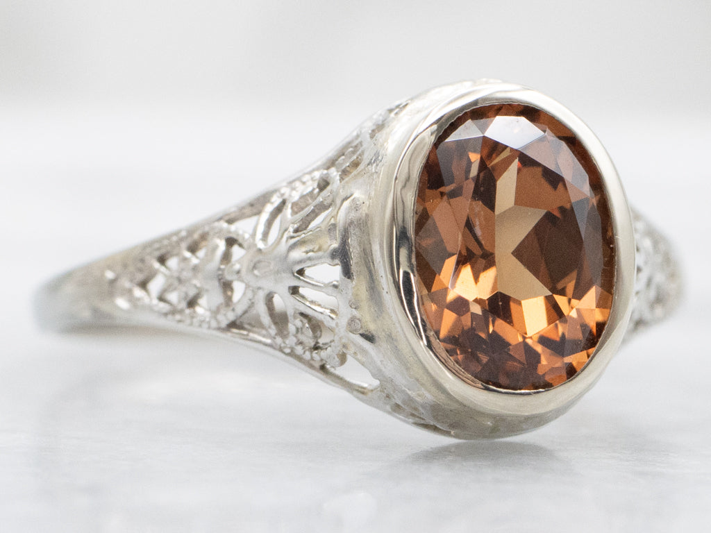 Peachy Hued Hessonite Garnet Art Deco Era Solitaire Ring