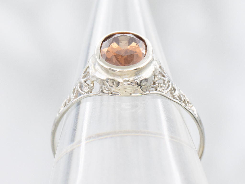 Peachy Hued Hessonite Garnet Art Deco Era Solitaire Ring