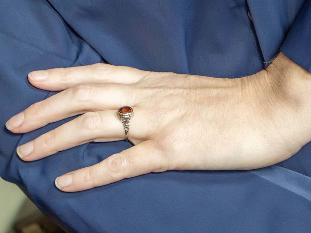 Peachy Hued Hessonite Garnet Art Deco Era Solitaire Ring