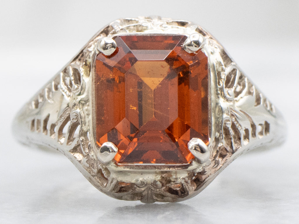 Art Deco Hessonite Garnet White Gold Solitaire Ring