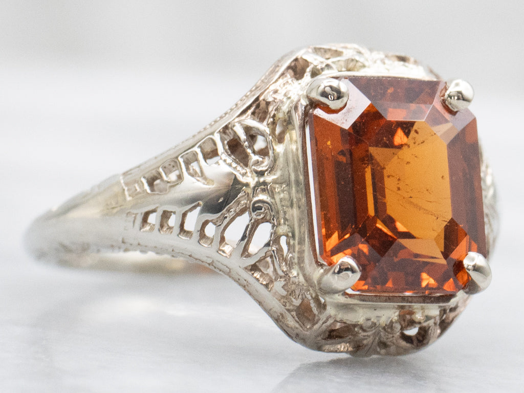 Art Deco Hessonite Garnet White Gold Solitaire Ring