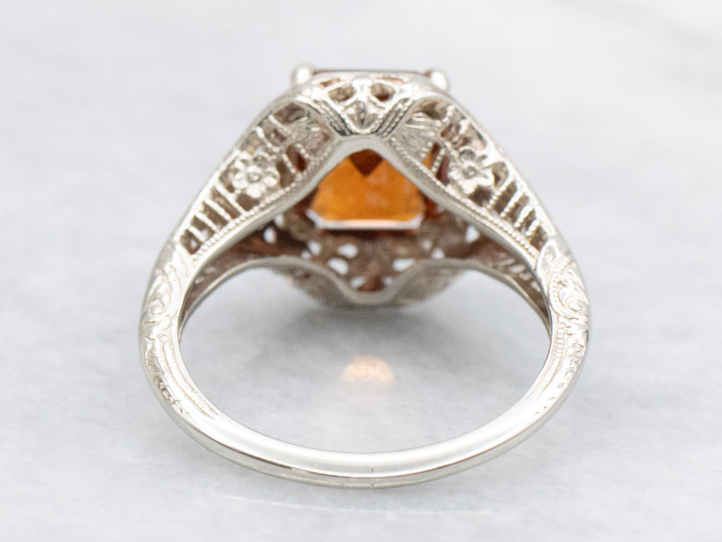 Art Deco Hessonite Garnet White Gold Solitaire Ring