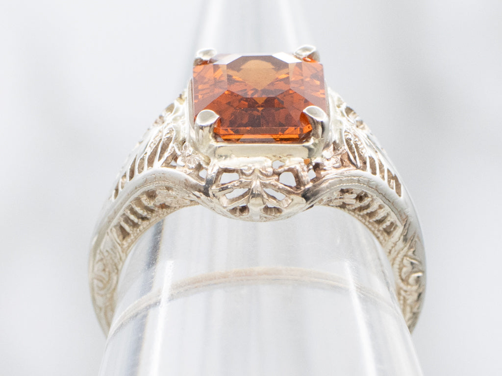 Art Deco Hessonite Garnet White Gold Solitaire Ring