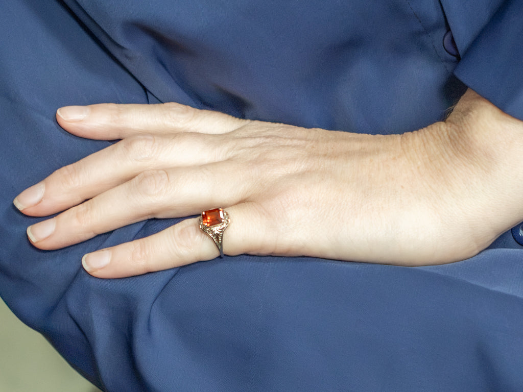 Art Deco Hessonite Garnet White Gold Solitaire Ring