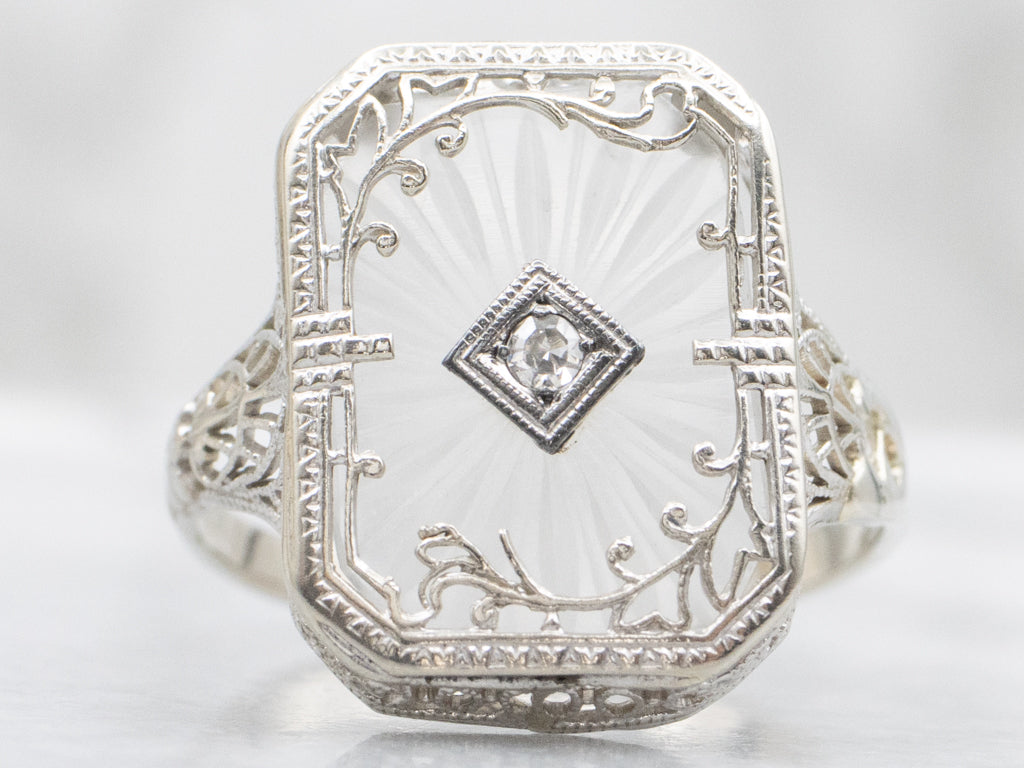 Art Deco Era Diamond and Camphor Glass White Gold Ring