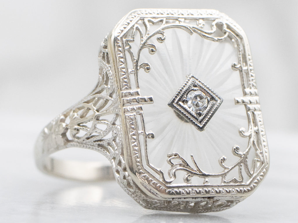 Art Deco Era Diamond and Camphor Glass White Gold Ring