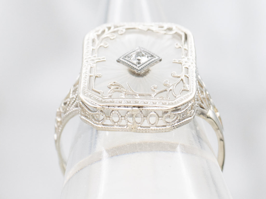 Art Deco Era Diamond and Camphor Glass White Gold Ring