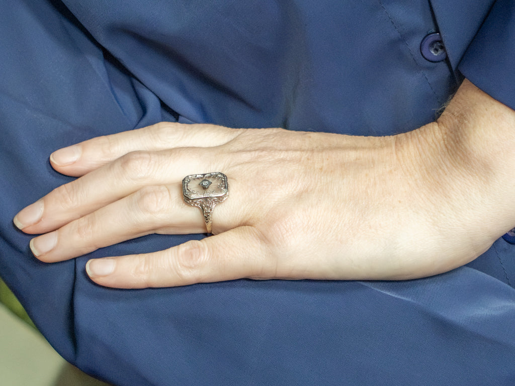 Art Deco Era Diamond and Camphor Glass White Gold Ring