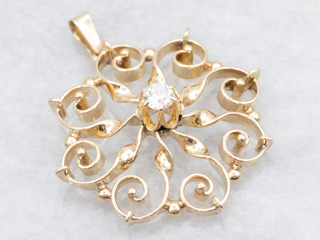 Scrolling Gold Buttercup-Set Diamond Pendant