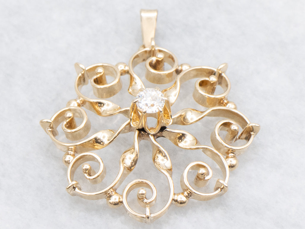 Scrolling Gold Buttercup-Set Diamond Pendant