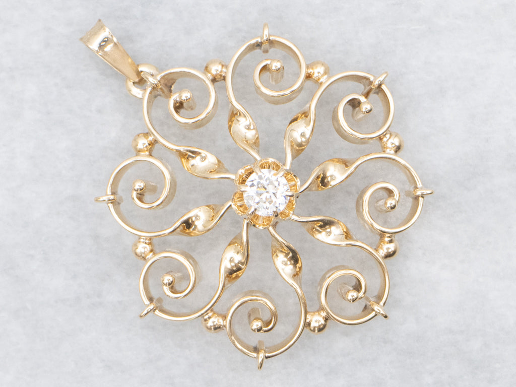 Scrolling Gold Buttercup-Set Diamond Pendant