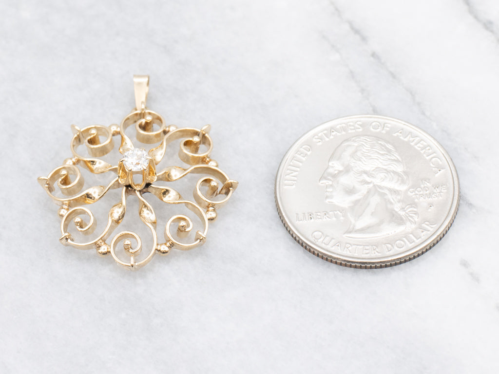 Scrolling Gold Buttercup-Set Diamond Pendant
