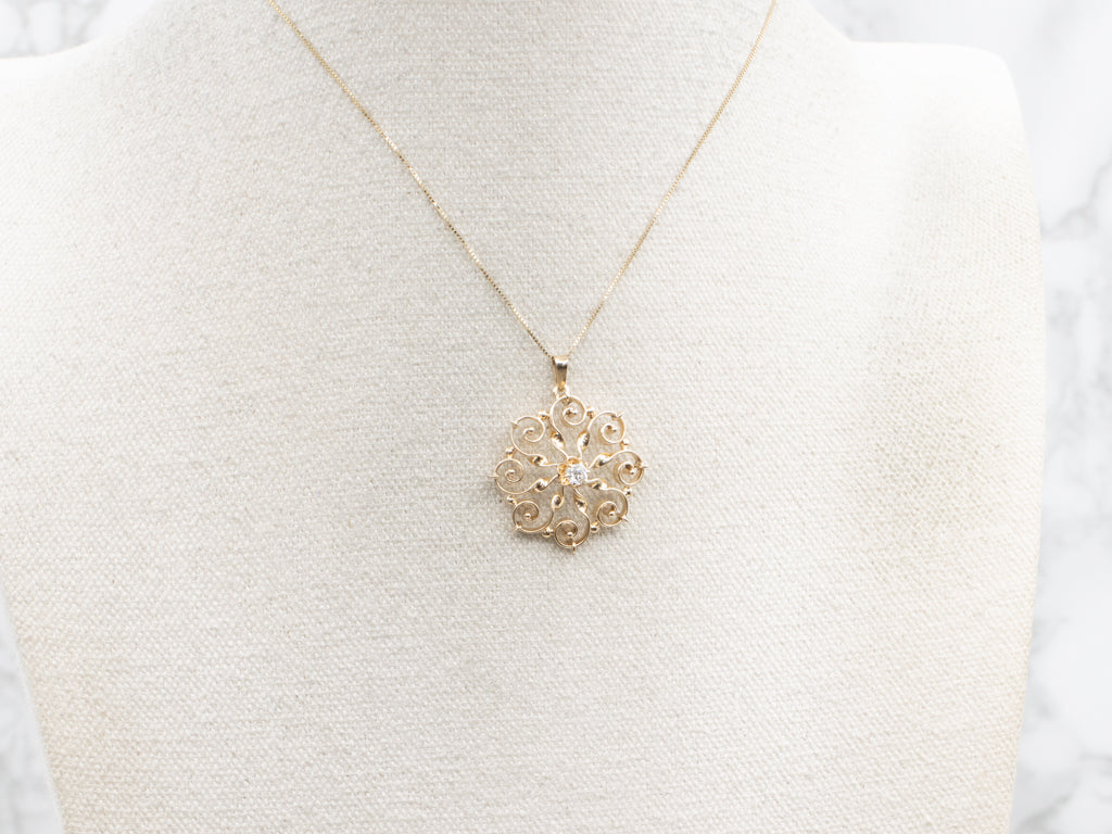 Scrolling Gold Buttercup-Set Diamond Pendant